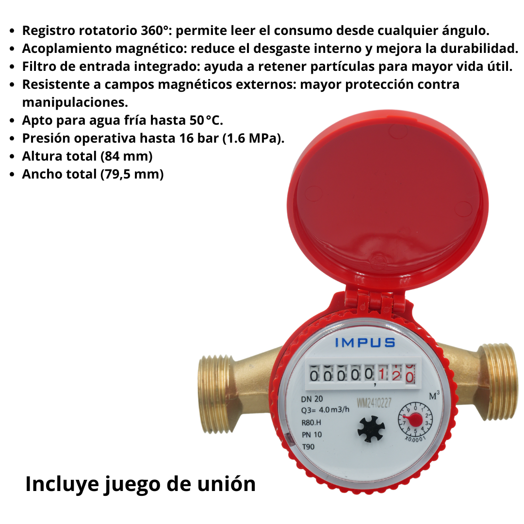 Medidor de Agua Caliente IMPUS DIO | Dimensiones 15 - 20 mm | Precisión R80 | Rosca BSP Con Juego de unión He | Precisión R80