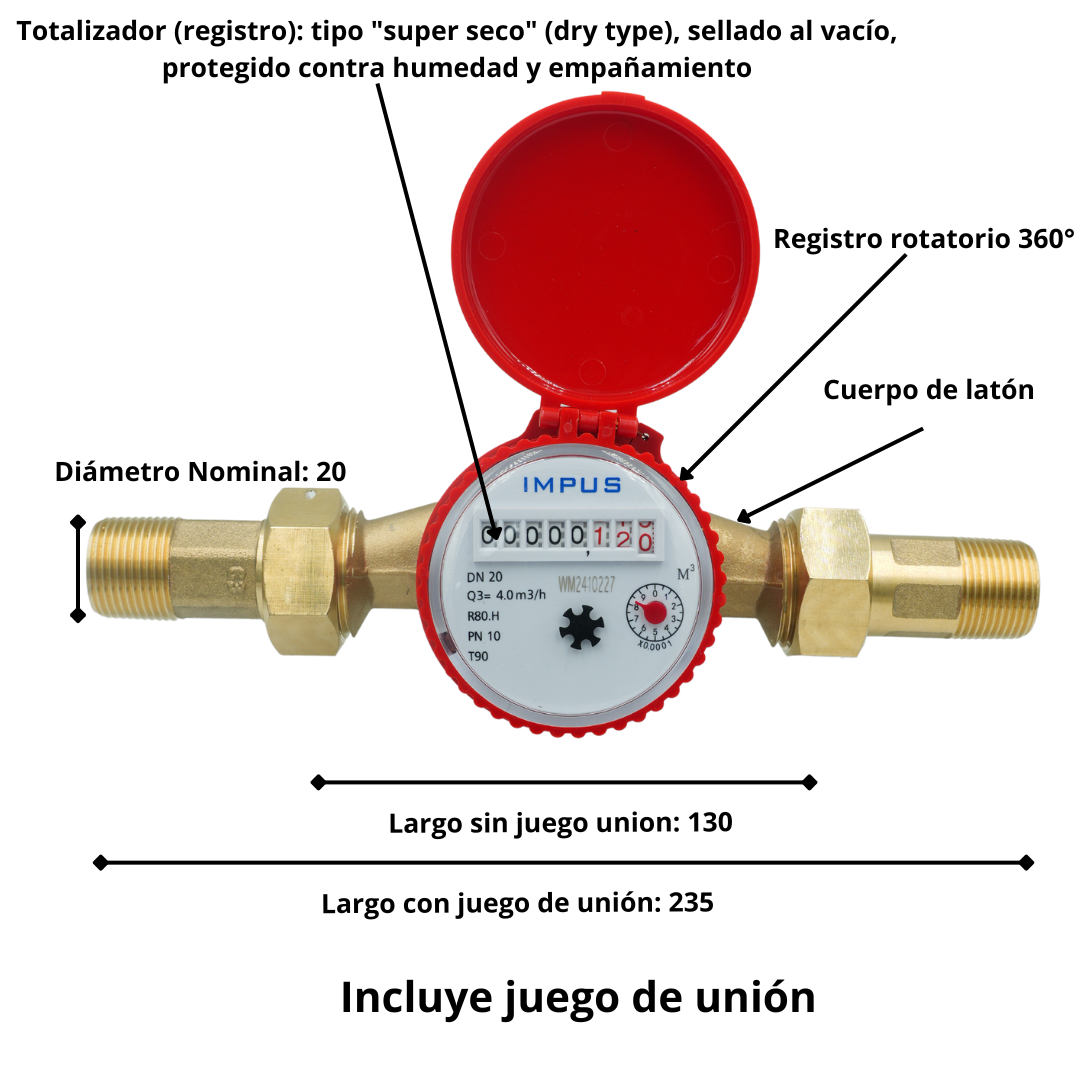 Medidor de Agua Caliente IMPUS DIO | Dimensiones 15 - 20 mm | Precisión R80 | Rosca BSP Con Juego de unión He | Precisión R80